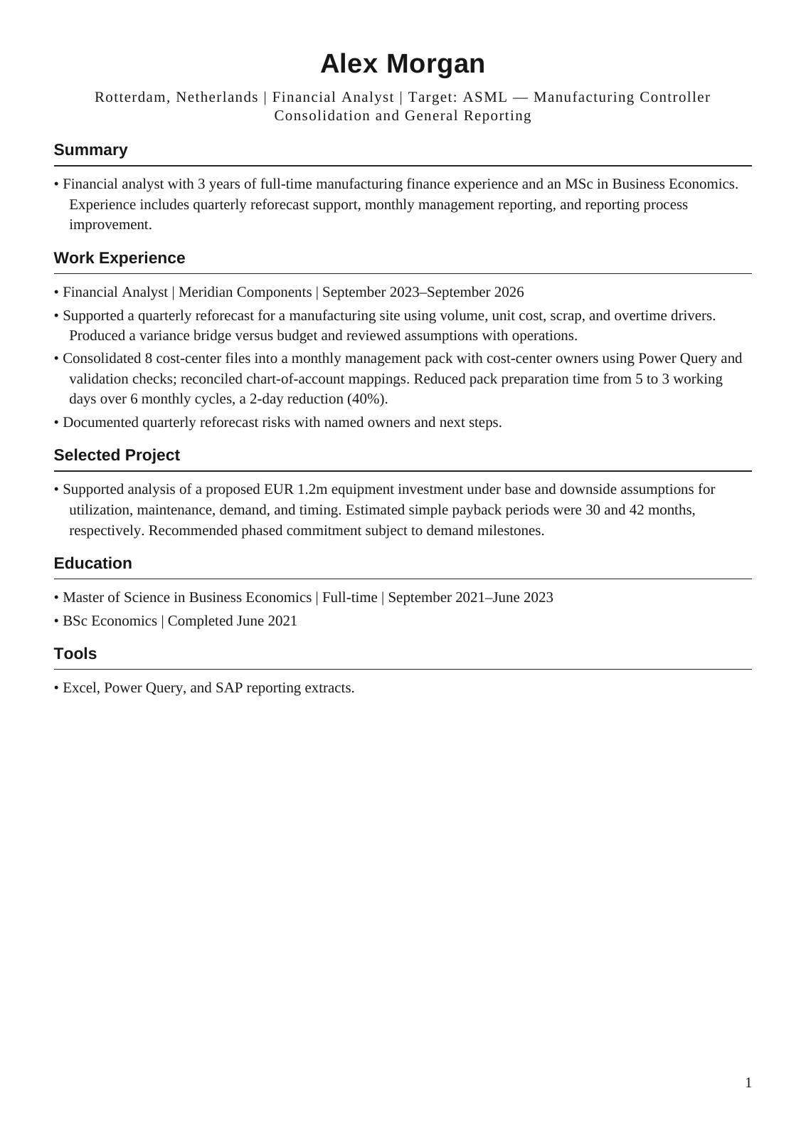 First page of Alex Morgan’s tailored resume